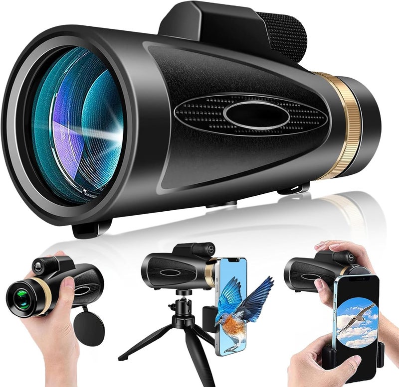 KTBDING Monocular Telescope 80x100 HD Monoculars for Adults with Tripod & Phone Adapter, Monoculars for Bird Watching Stargazing Camping Hiking Hunting Wildlife Travel-Black - Image 1